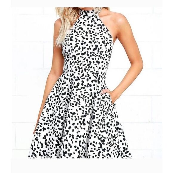 Keepsake City Heart Polka Dot Halter Midi Dress | Black & White, Size S - Picture 1 of 13